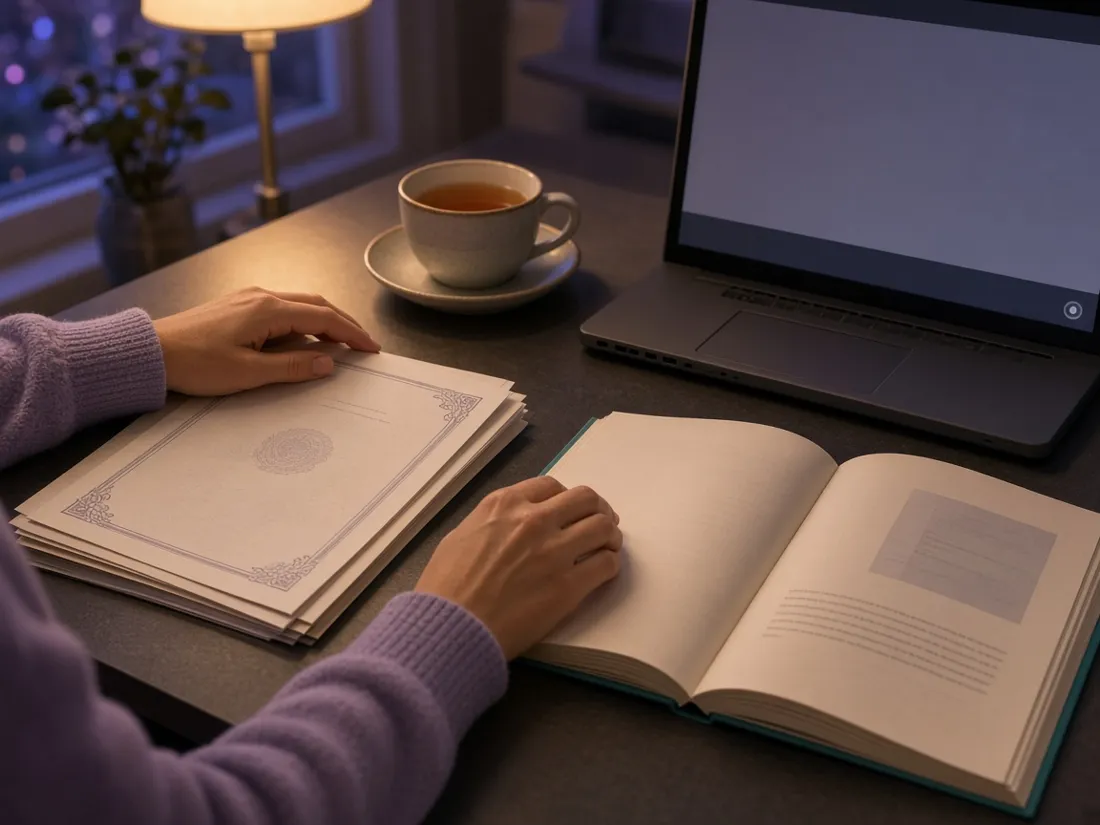 Stimmungsbild: Urkunden, Lehrbuch und Laptop auf einem Schreibtisch